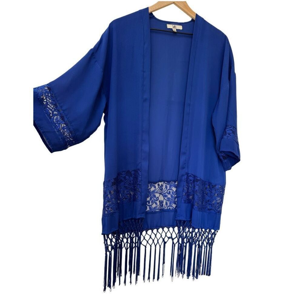 Ya Los Angeles Small women’s open duster cobalt royal blue boho fringe tassel 3/
